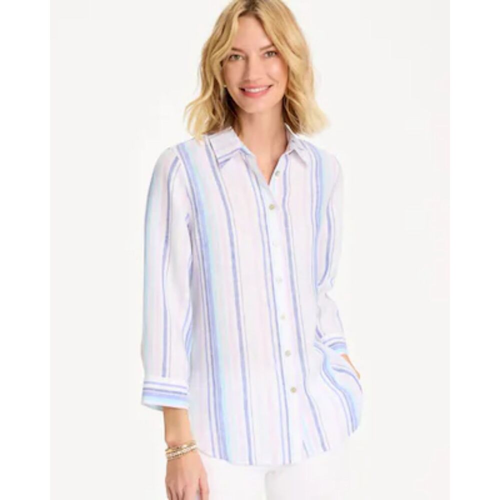 Chico's No-Iron Linen Blend Striped Button Down Shirt Pastel Multi Color Size 2
